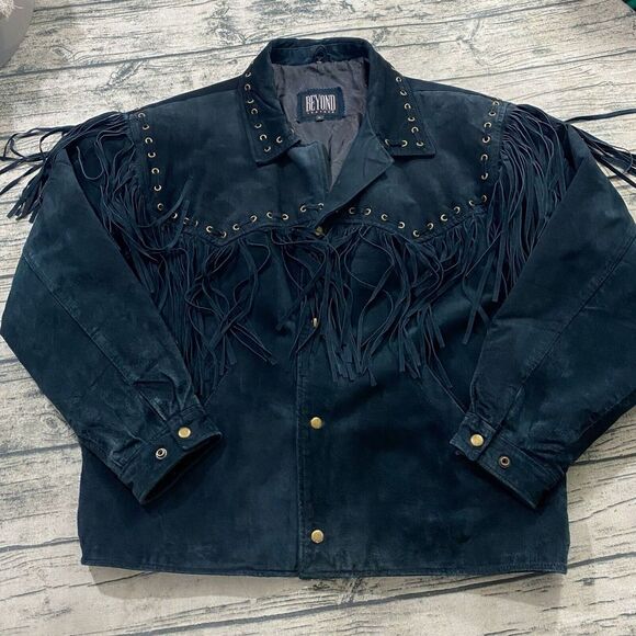 VTG Beyond Leather Mens Western Black Fringe Suede Jacket SZ XL 80s Flaws‎ - Picture 3 of 13